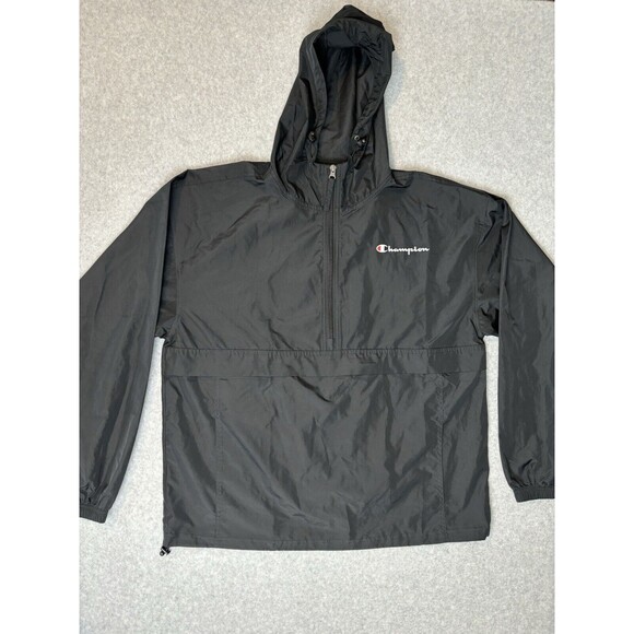 Vintage Black Champion Windbreaker With Hood Quarter Zip With Pockets Large - Picture 1 of 15